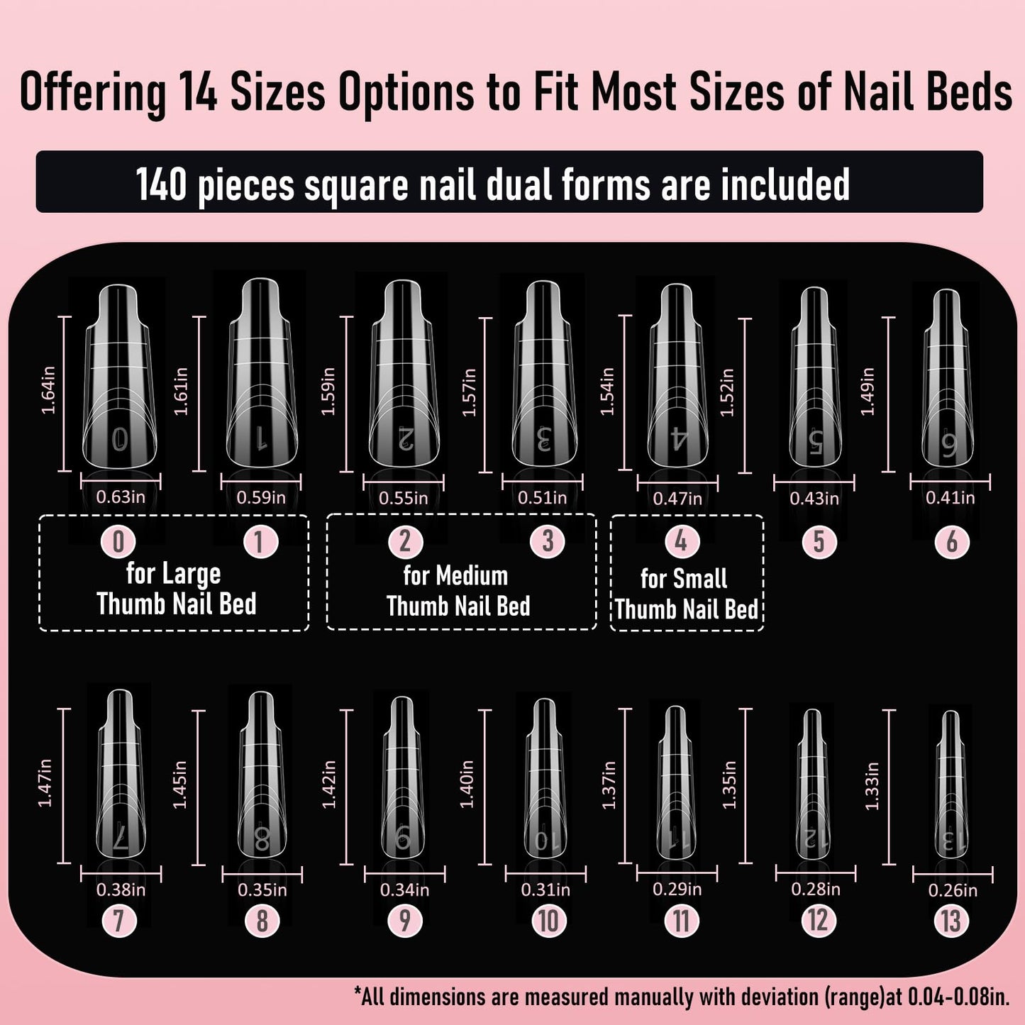 Wellquinn Square (Sculpted) Poly Gel Dual Nail Forms, Medium Long Reusable Full Cover Acrylic Builder Solid Hard Gel Polygel Extension Nail Molds 14 Sizes 140 Pcs, Set for Salon & DIY
