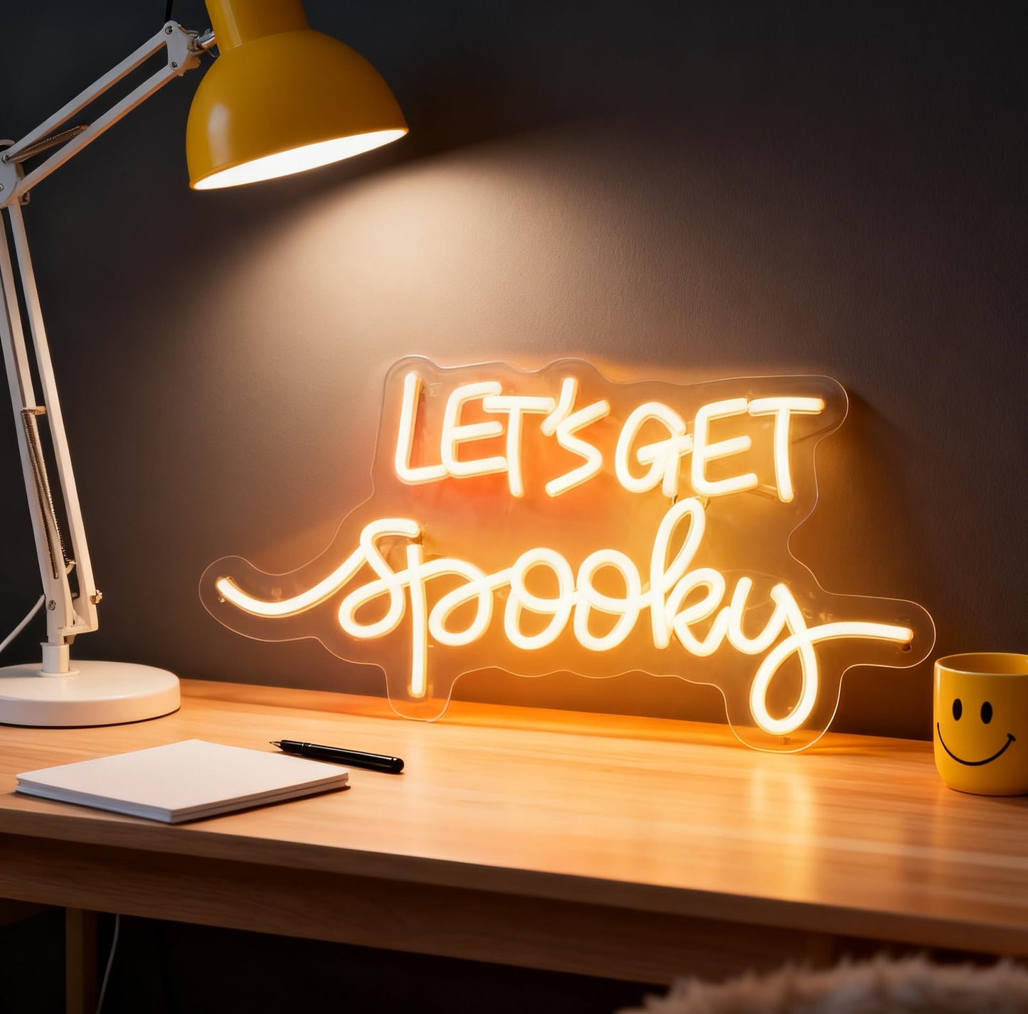 Lets Get Spooky White LED Neon Sign, USB Powered Dimmable Decorative Neon Light Home Living Room Haunted House Spooky Theme Party Wall Table Decor 16.7 x 8.9 In
