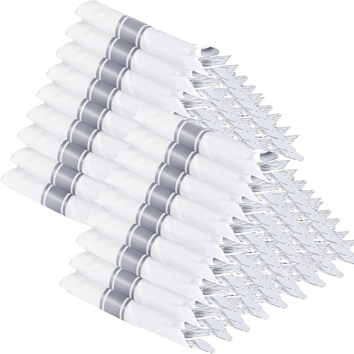 Supernal 100 Pack Silver Plastic Silverware Pre Rolled Silverware Set Disposable Cutlery Set Includes 100 Forks,100 Spoons,100 Knives and 100 Napkins,Plastic Utensils for Party,Wedding,Birthday