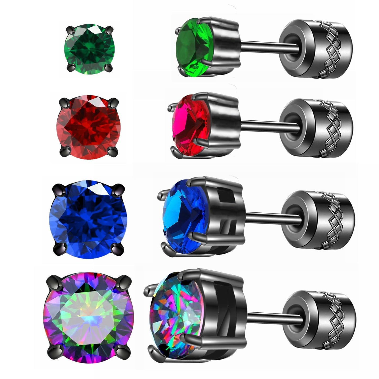 Hopply 4 Pairs Titanium Screw Back Surgical Stainless Steel Earrings for Women Men,Rainbow 5A Cubic Zirconia Studs Double Side Earrings Piercing Sleeper Jewelry 6mm (Green/Red/Blue/Rainbow CZ 3-6mm)