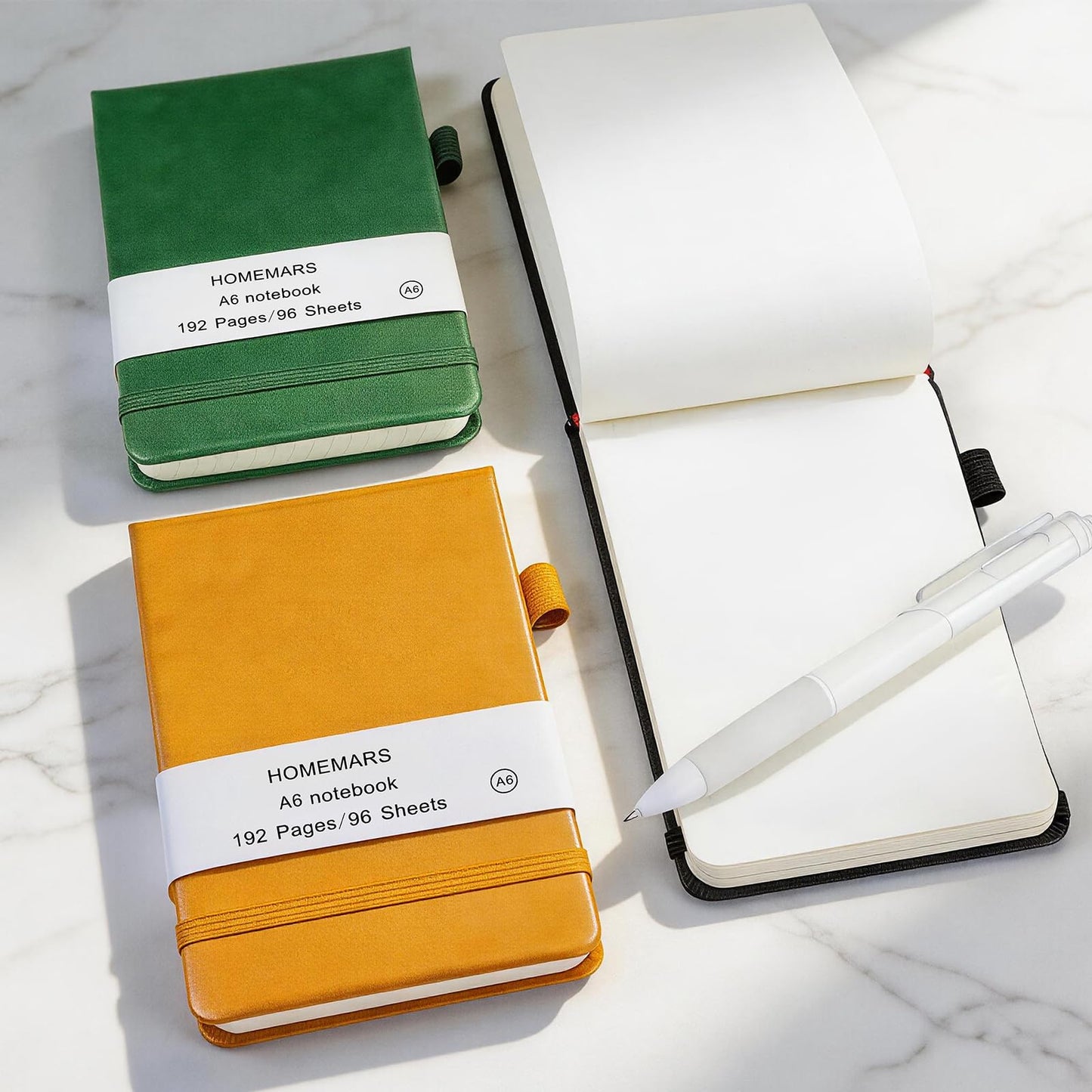 HOMEMARS Small Notebook, Pocket Notebook, Note Pads,3 Pack, Notebook A6, Blank Notepad,3.74" x 5.83"Leather, Black, Green, Yellow,200 Pages Each, Hardcover, Mini Journal Notepad