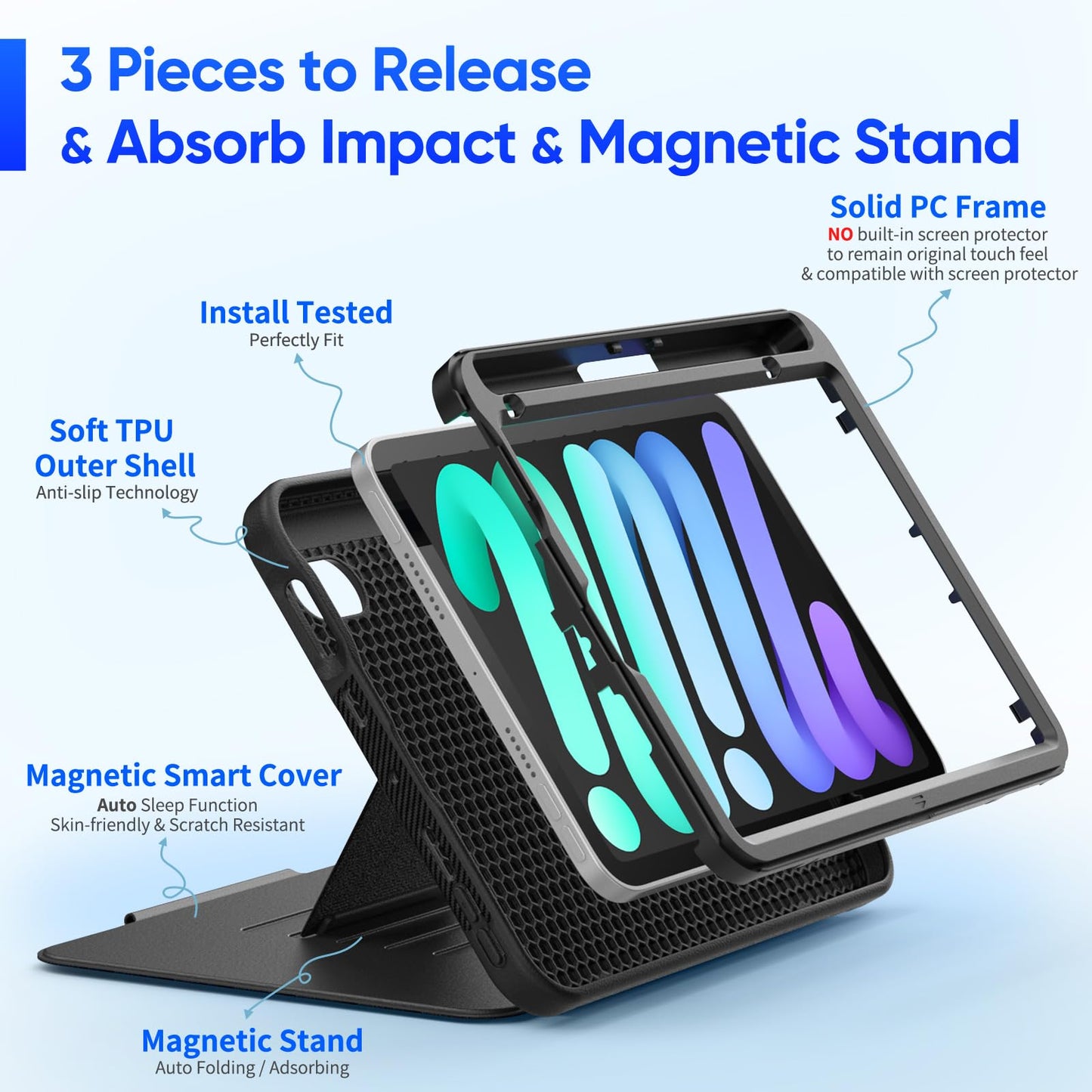 SEYMAC stock Case for iPad mini 7 (A17 Pro)/ Mini 6 8.3'', Strong Magnetic Auto Sleep Shockproof Case with Absorbing Multi-Angles Stand, Pen Holder, Card Slot, Black