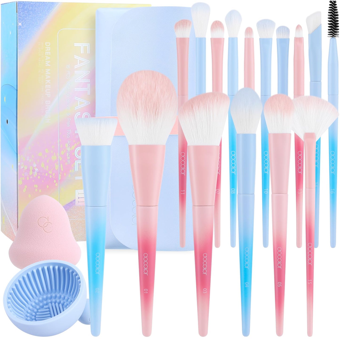 Docolor Makeup Brushes 16+3 Pcs Makeup Brush Set with Makeup Bag Makeup Sponge & Brush Cleaning Pad Professional Face Powder Kabuki Foundation EyeShadow Concealers Brush Kit Gift Box Fantasy Series Ⅲ