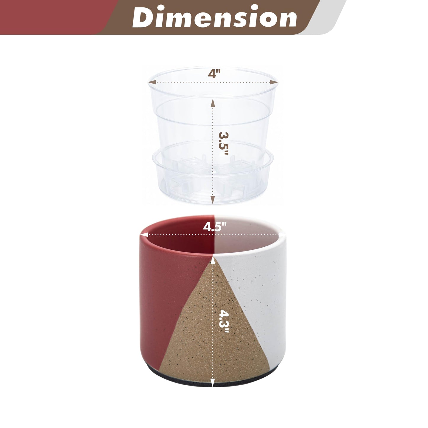 D'vine Dev 4.5" Stoneware Cachepot Planter with 4" Clear Nursery Pot & Detachable Saucer – Indoor Plant Pot with Drainage for Bottom Watering & Root Visibility, Crimson Dune, Set of 2, 93-V-B-4