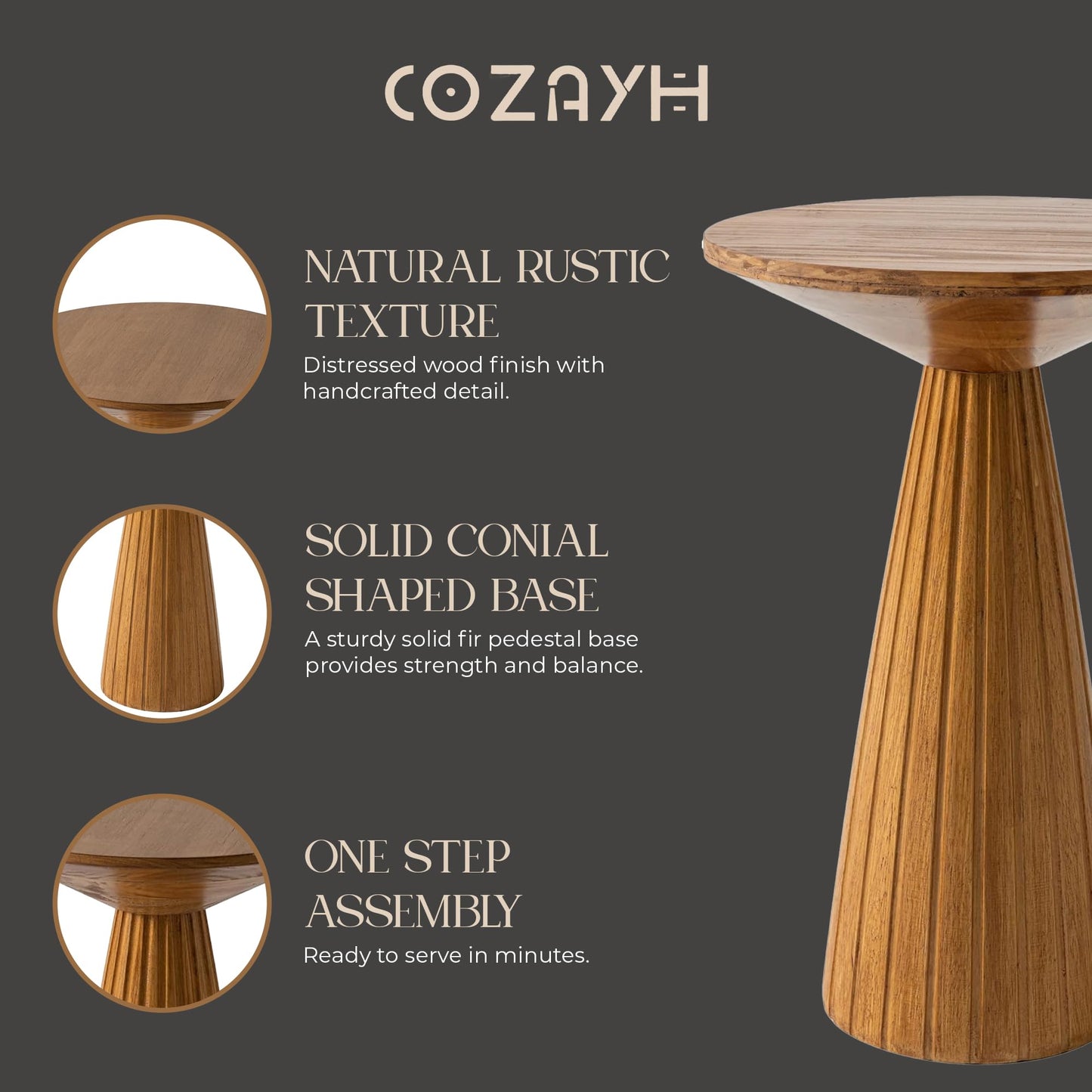 COZAYH Martini Pedestal Table, Small End Table - Drink Stand with Round Wood TableTop & Modern Textured Finish for Small Spaces, Walnut