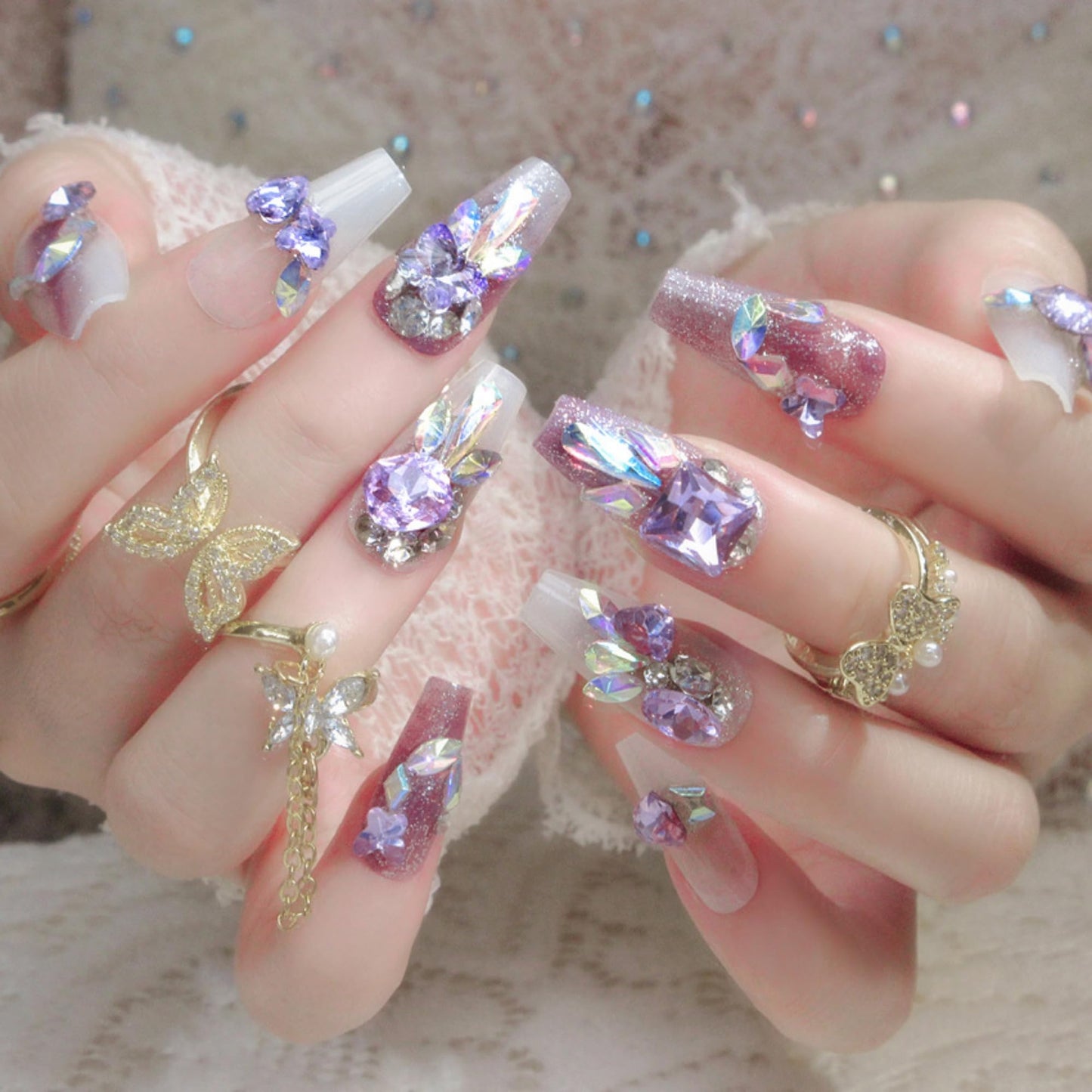 Long Press on Nails Coffin Fake Nails Purple Artificial Nail Rhinestones Designs Sparkly Stick on Nail for Women 24pcs