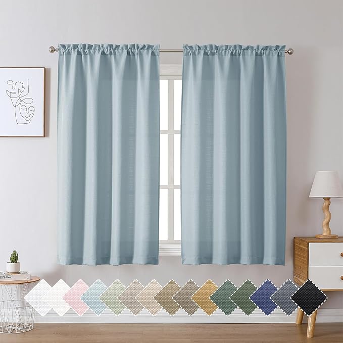 Chyhomenyc Bennet Aqua with Greenish Tone Curtains 45 Inch Length 2 Panels, Faux Linen Textured Light Filtering Soft Airy Rod Pocket Window Treatment Drapes for Living Room Bedroom, Each 30" Wx45 L