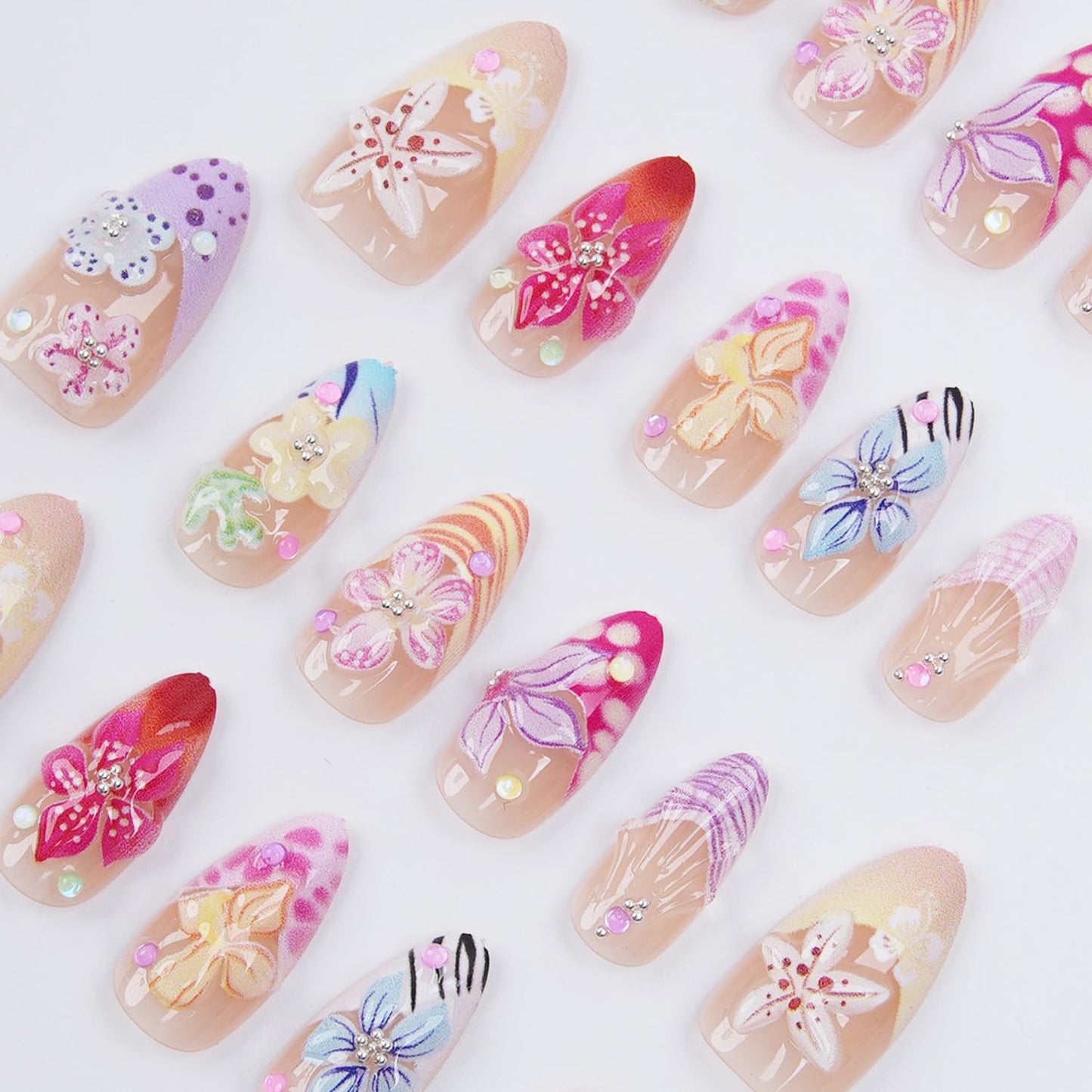 3D Flower Press on Nails, Medium Almond Shaped Colorful Floral Fake Nails with Rhinestone Designs,Cute False Nails with Glue Tabs Reusable Acrylic Stick on Nails for Summer Beach Vacation 30Pcs