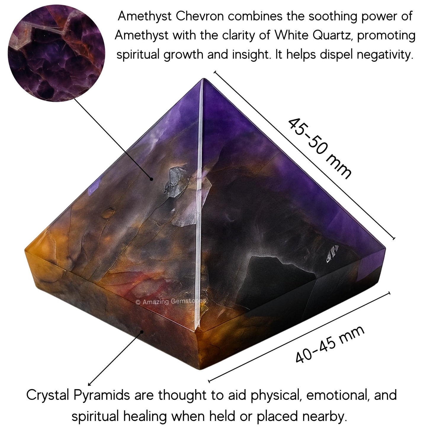 Amazing Gemstone Amethyst Chevron Pyramid Crystal Healing Stones - 2" Great Pyramid Figurine of Natural Stone Pyramid for Meditation, Reiki, Chakra Balancing and Crystal Pyramids Grid