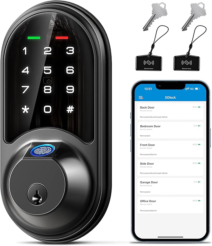 Veise RZ07 Fingerprint Smart Lock, 7-in-1 Smart Locks for Front Door, Keyless Entry Door Lock with App Control, Biometric Electronic Touchscreen Keypad Deadbolt, Matte Black