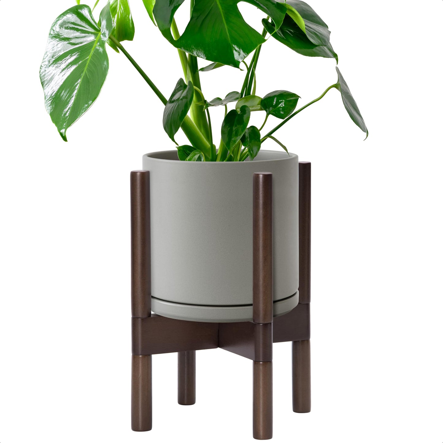 D'vine Dev Ceramic Planter with Walnut Color Stand - 8 Inch Modern Round Flower Pot with Wood Planter Holder, Grey, 55-B-Y-3
