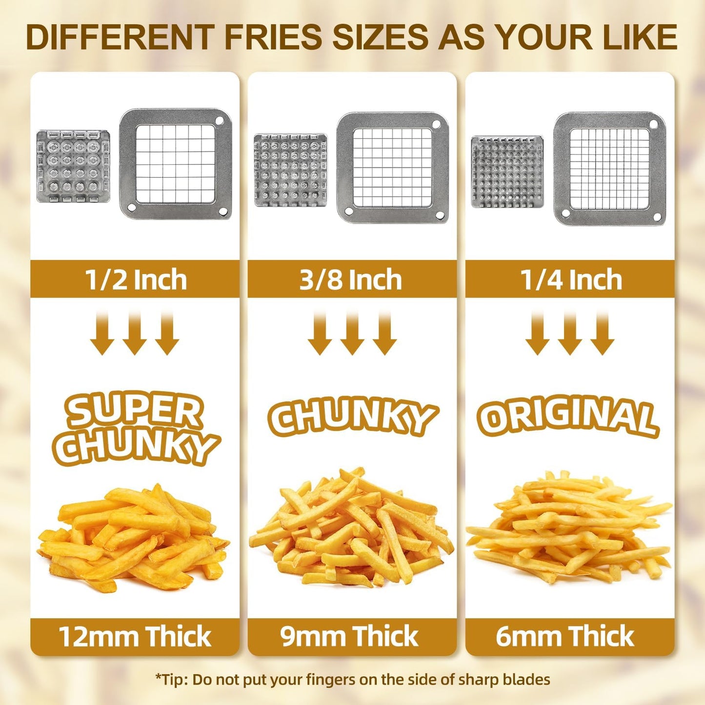French Fry Cutter Commercial Grade Potato Slicer with Stand Suction Feet Complete Set, Includes 1/4", 3/8", 1/2", 2 Pieces L Stand