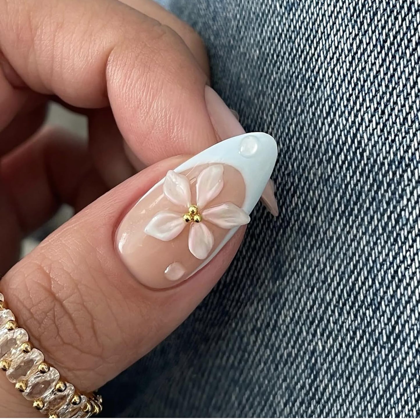 French Tip Press On Nails Almond Medium Fake Nails Press Ons Glossy With Flower Pearl Design Drip False Nails Full Cover Stick On Nails Artificial Glue On Nails For Women Nail Supplies