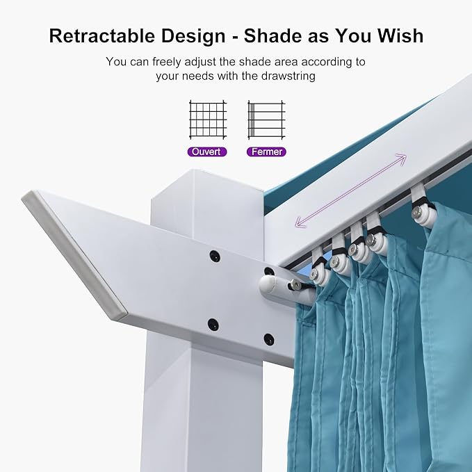 PURPLE LEAF 10' x 10' Aluminum Outdoor Pergola White Wind-Resistant Retractable Pergola with Double Sun Shade Canopy Heavy-Duty Metal Pergola for Patios Backyard Deck Garden, Blue