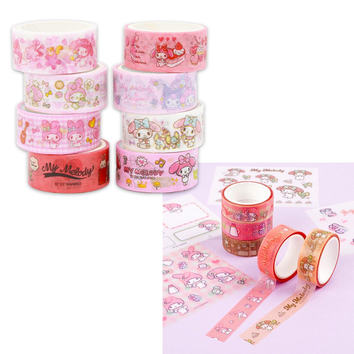 Sanrio Washi Masking Tape Variety Pack - Bundle of 16 Decorative My Melody & Kuromi Rolls for DIY Crafts, Scrapbooking, Journals, More Stationery