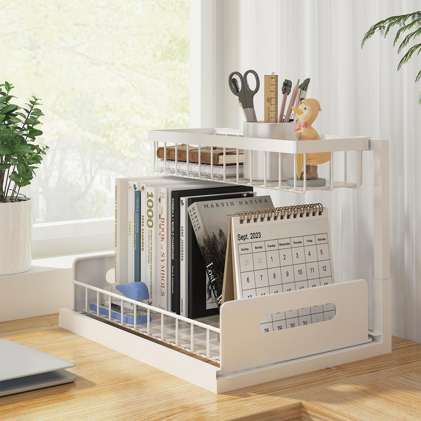 REALINN Under Sink Organizer, Pull Out Cabinet Organizer, 2 Tier Metal Slide Out Shelf with L Shaped Design, Under Cabinet Storage for Kitchen, Bathroom, Laundry, Deep Cabinet Shelf Storage, White