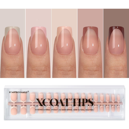 BTArtboxnails XCOATTIPS Press on Nails - French Tip Press on Nails Short Square, Skin Tones Soft Gel Nails False Nail Tips, Soak Off Acrylic Nails Extensions