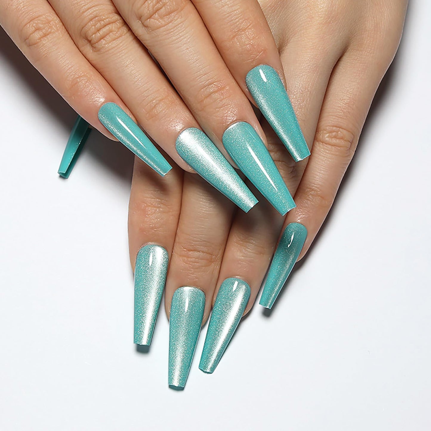 Handmade Press on Nails - Cyan Long Fake Nails | Velvet Effect Design False Nails | Glossy,Glitter,Gradient Color,Reusable Acrylic Nails | 12 Sizes - 24 Nail Kit with Jelly Glue