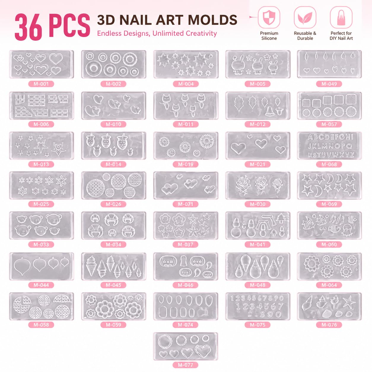 AeSiliFlex 36Pcs 3D Silicone Resin Molds Kit - Nail Art Molds for Nail Charms, Mini Silicone Molds Leaves Flower Animals Templates