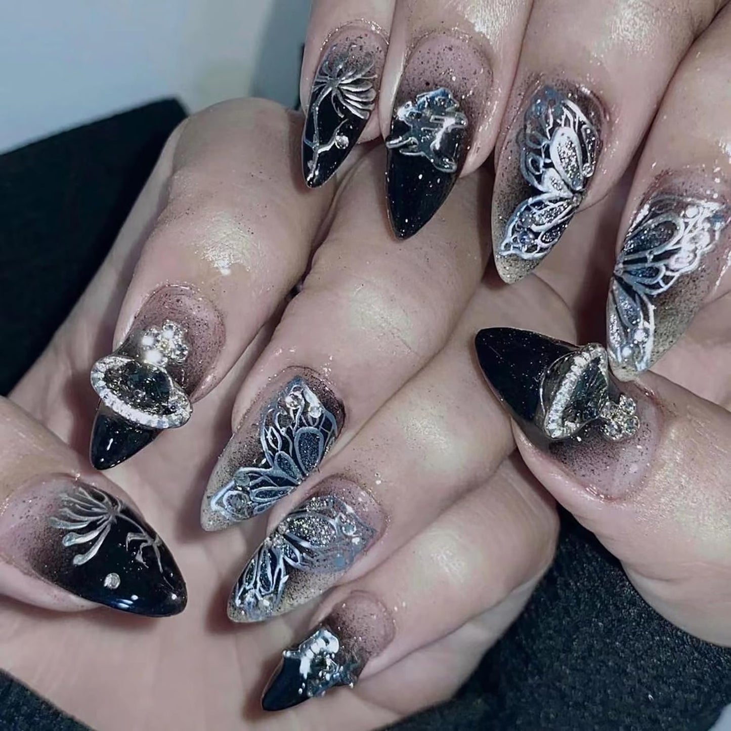 Butterfly Medium Black Gradient Almond Tip Full Cover Coffin Nails - Rhinestones Design, DIY Glue on Nails for Women