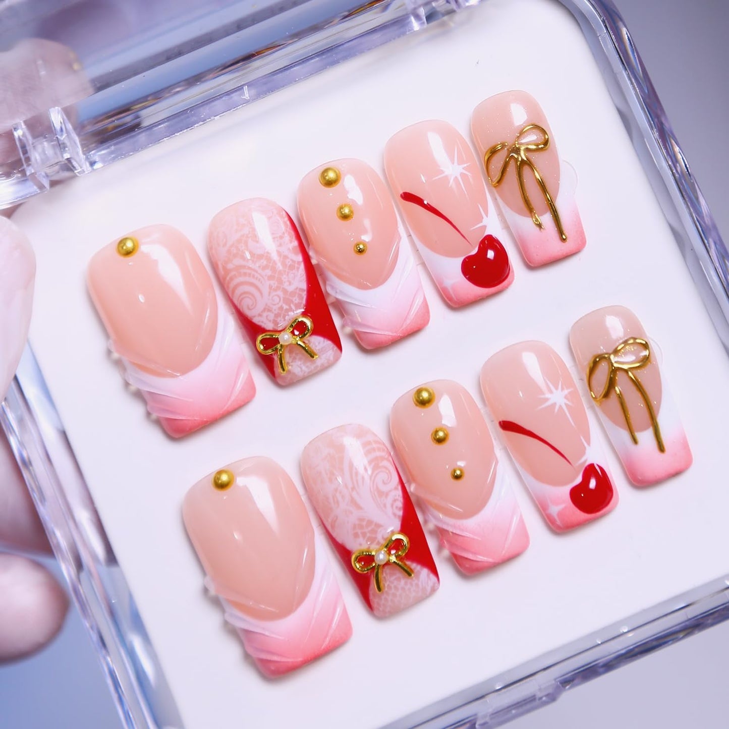 MAGLFELL Press On Nails, 10 Pcs Handmade French Square Fake Nails, Reusable Artificial Unique 3D False Nails for Women 3D Acrylic Nails Kit (Size M)