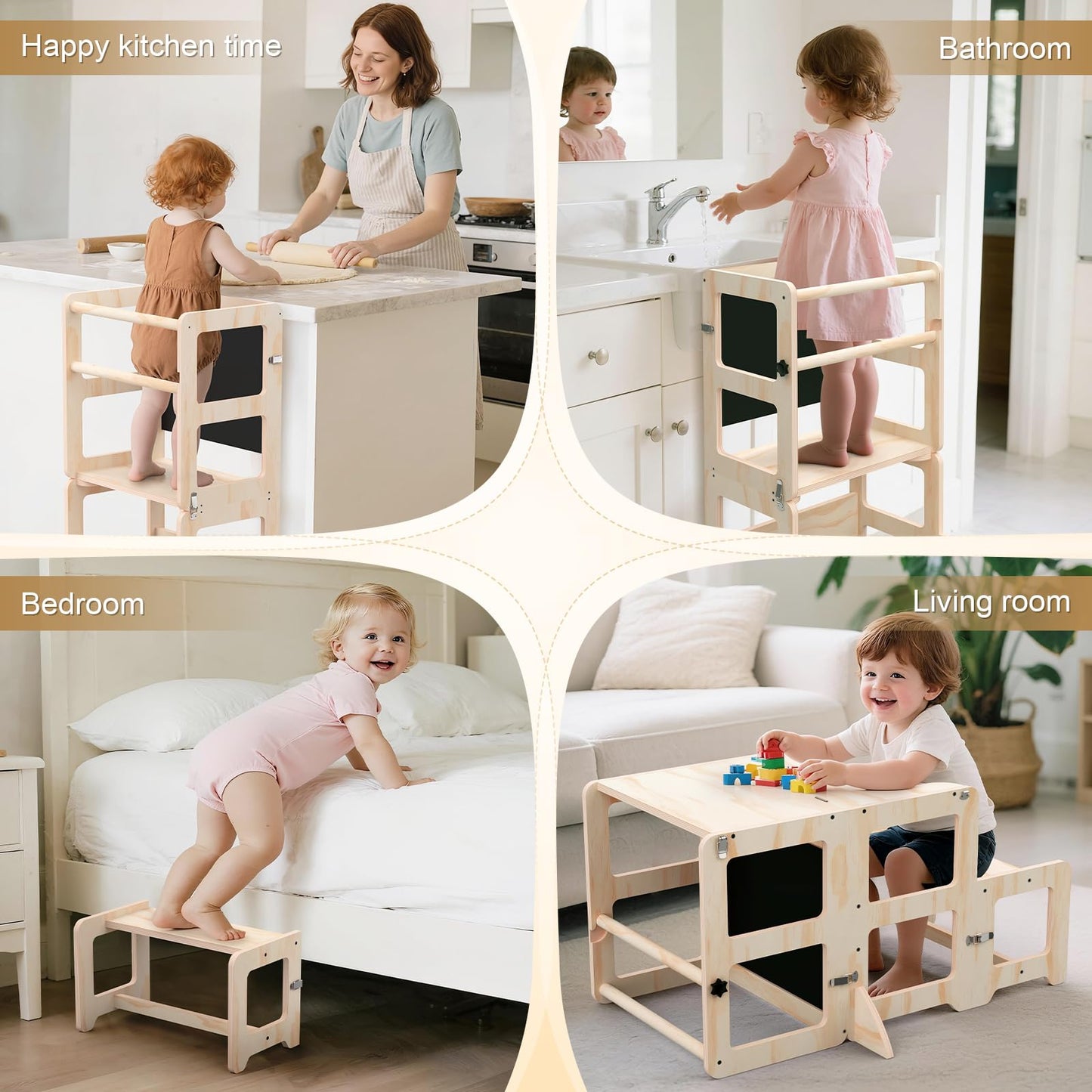Toddler Kitchen Step Stool, 4-in-1 Foldable Standing Tower with Blackboard, Toddler Step Stool for Bathroom Sink, Kitchen Counter, Ages 18 Months+, 1-3 Year Old Boy Girl Gifts