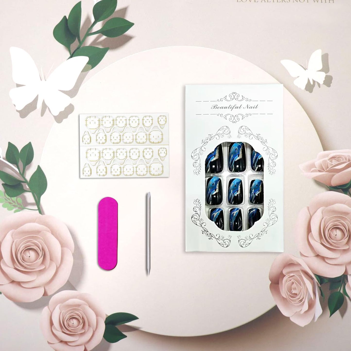 Vopintpy Blue Marble Press on Nails Medium Square Fake Nails with Design Glossy Acrylic Glue on Nail Reusable Full Cover Artificial Stick on Nail for Women DIY Manicure