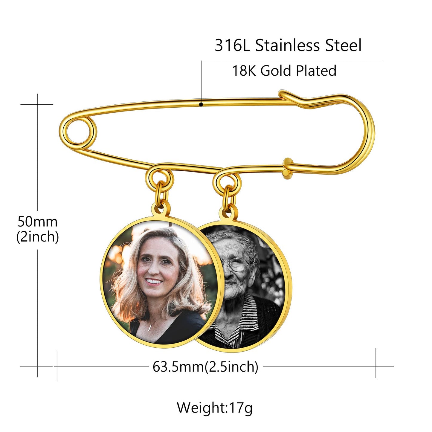 Custom4U Memorial Charm for Wedding Bouquet Round Shaped Memory Charms Brooch Pins Funeral Boutonniere with 2 Pictures Engraved
