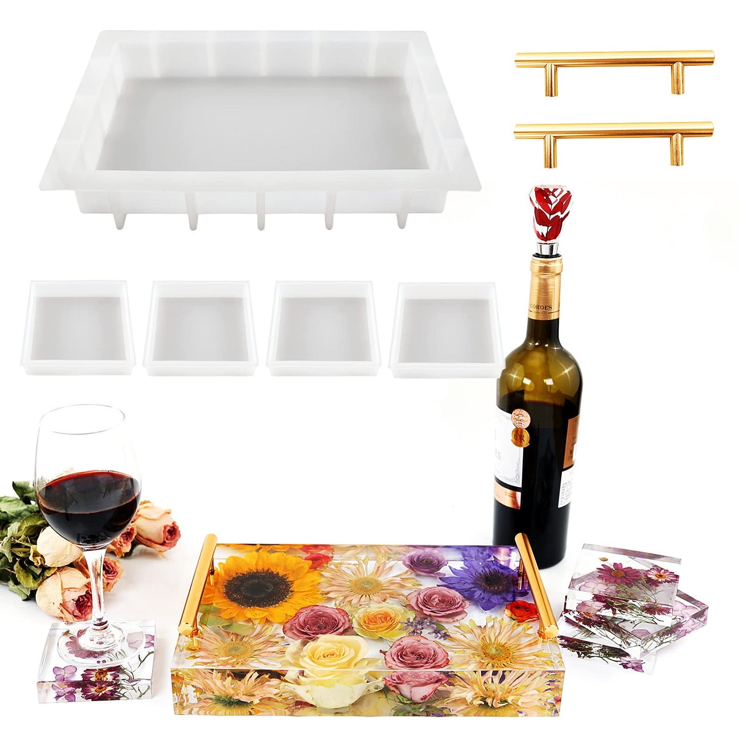 Resin Tray Molds Silicone, 13.5" Large Deep Rectangle Molds for Resin with 4pcs Coasters Mold, Epoxy Casting Molds for DIY Flowers Preservation Art Making Home Décor