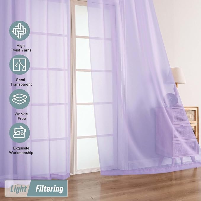 Lavender Sheer Curtains 90 Inches Long 2 Panels, Light Filtering Solid Sheer Curtains for Bedroom Living Room, Lightweight Soft Airy Voile Sheer Drapes, Dual Rod Pocket, 2x42Wx90L Inches