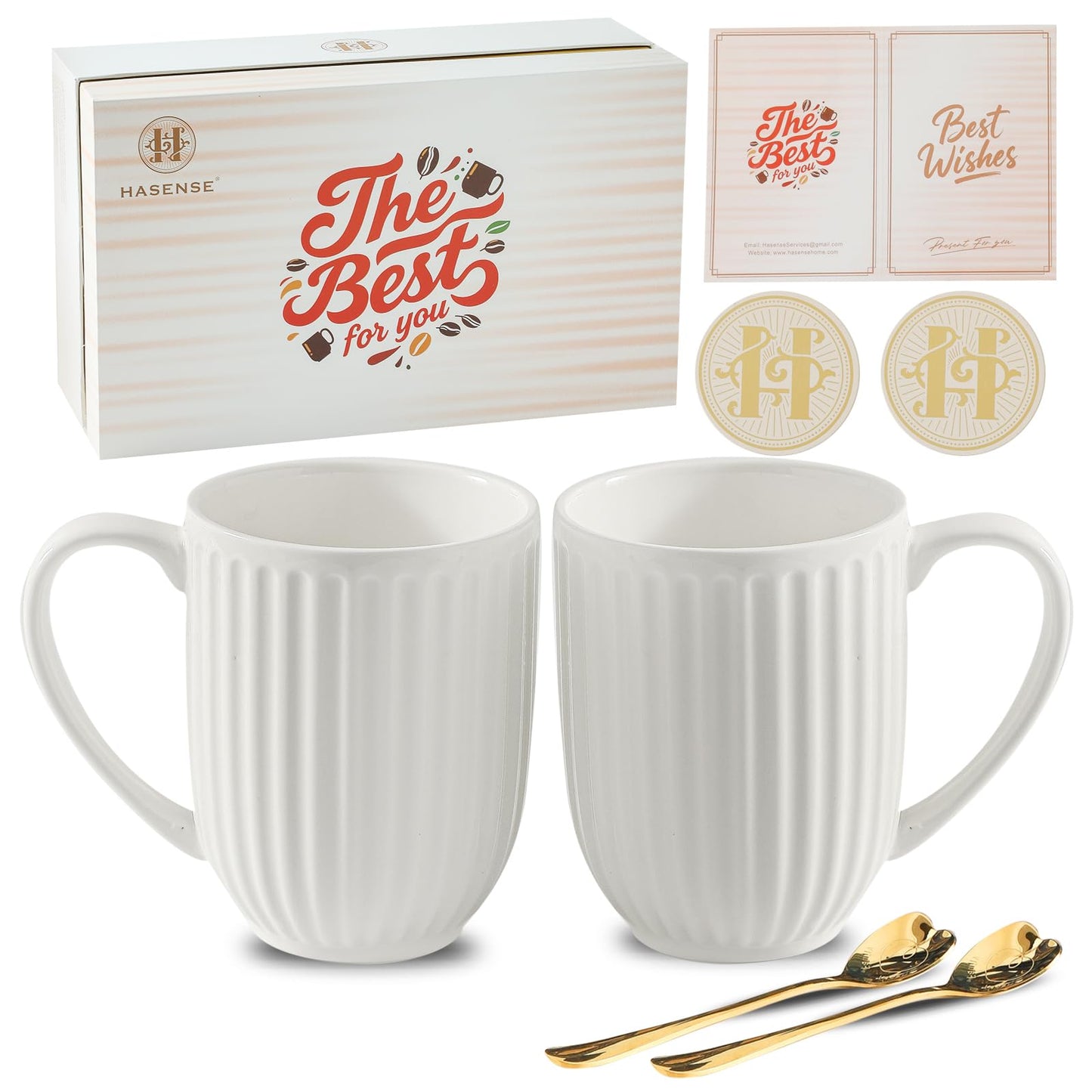 HASENSE Porcelain Coffee Mugs Set of 2, 20oz Large Ceramic Cups with Gift Box, Spoons & Coasters, Modern Ribbed Design - Valentine‘s Day Gift for Couples, Romantic Latte Cups for Wedding, White