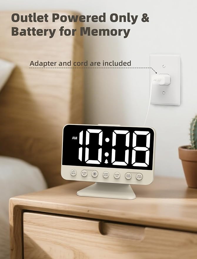 Odokee Digital Alarm Clocks for Bedrooms with Large Bold Number | Electric Desk Clock with Night Light & Brightness Dimmer - Loud Alarm for Heavy Sleepers with Adjustable Volume - Putty