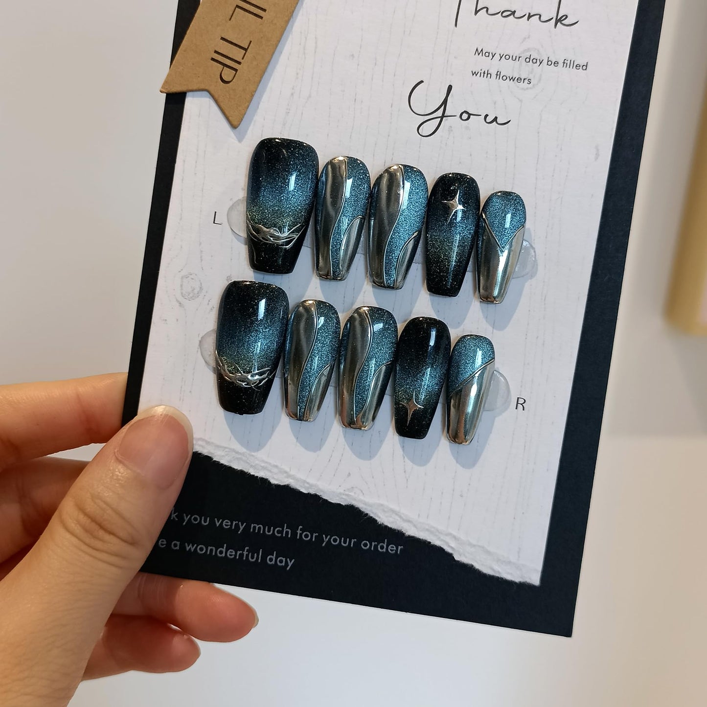 TENPAL 10Pcs Handmade Metallic Dark Blue Black Galaxy Cat Eye Press On Nails Coffin With Tools| 3D Wave Star Relief Punk Glitter Chrome Designs(XS)