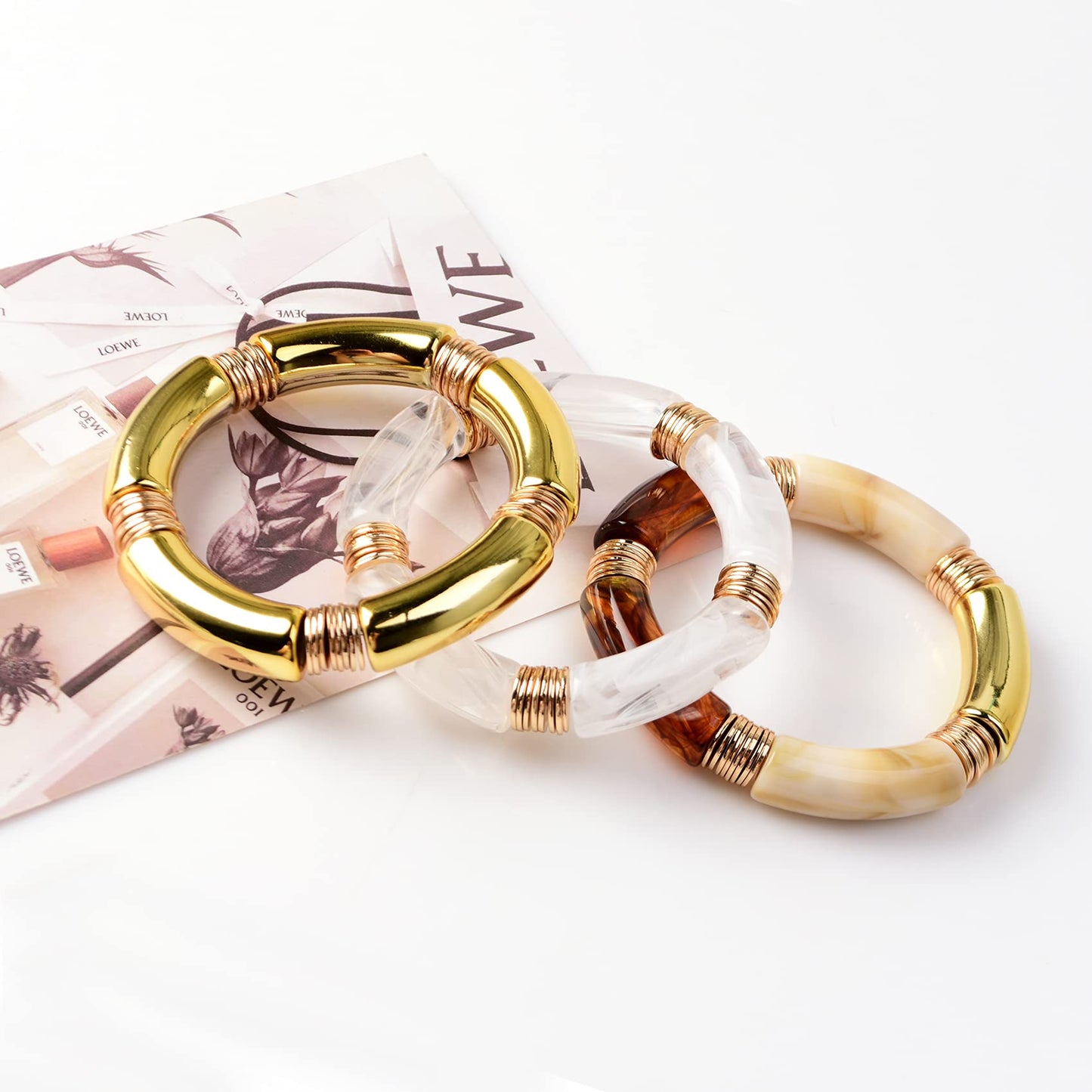 GOOJIDS Simple Beaded Gold Plated Bangles Bracelet Chunky Bamboo Tube Curved Stacking Clear Acrylic Colorful Beads Stretchable Gold Plated Bracelets Set For Women