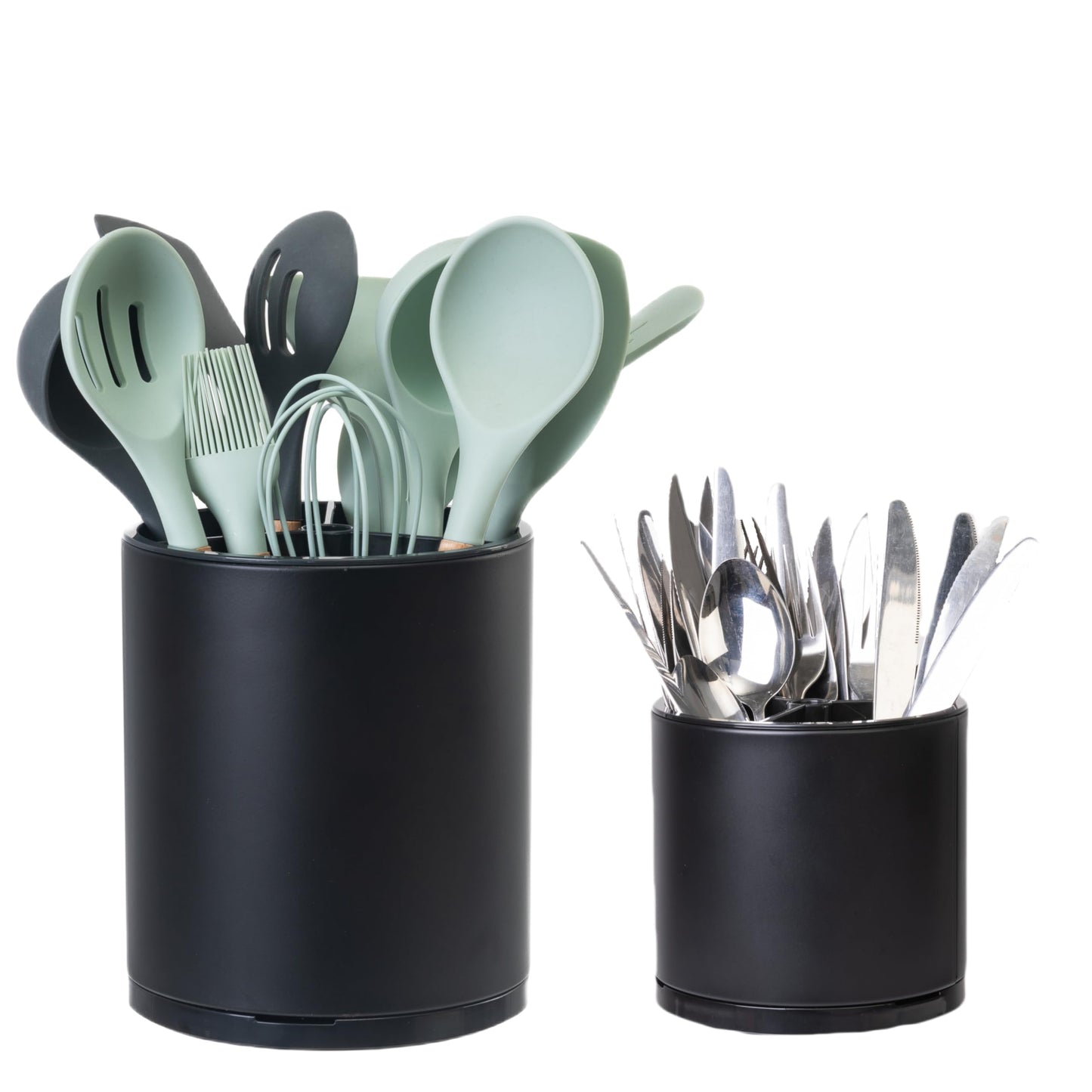 LIBODOUR Kitchen Utensil Holder Extra Large Rotating For Counter Organizer Stainless Steel Storage Cooking Silverware Caddy 3 Compartment Flatware Spoon Spatula Tool Cutlery Container（2 Set Black）