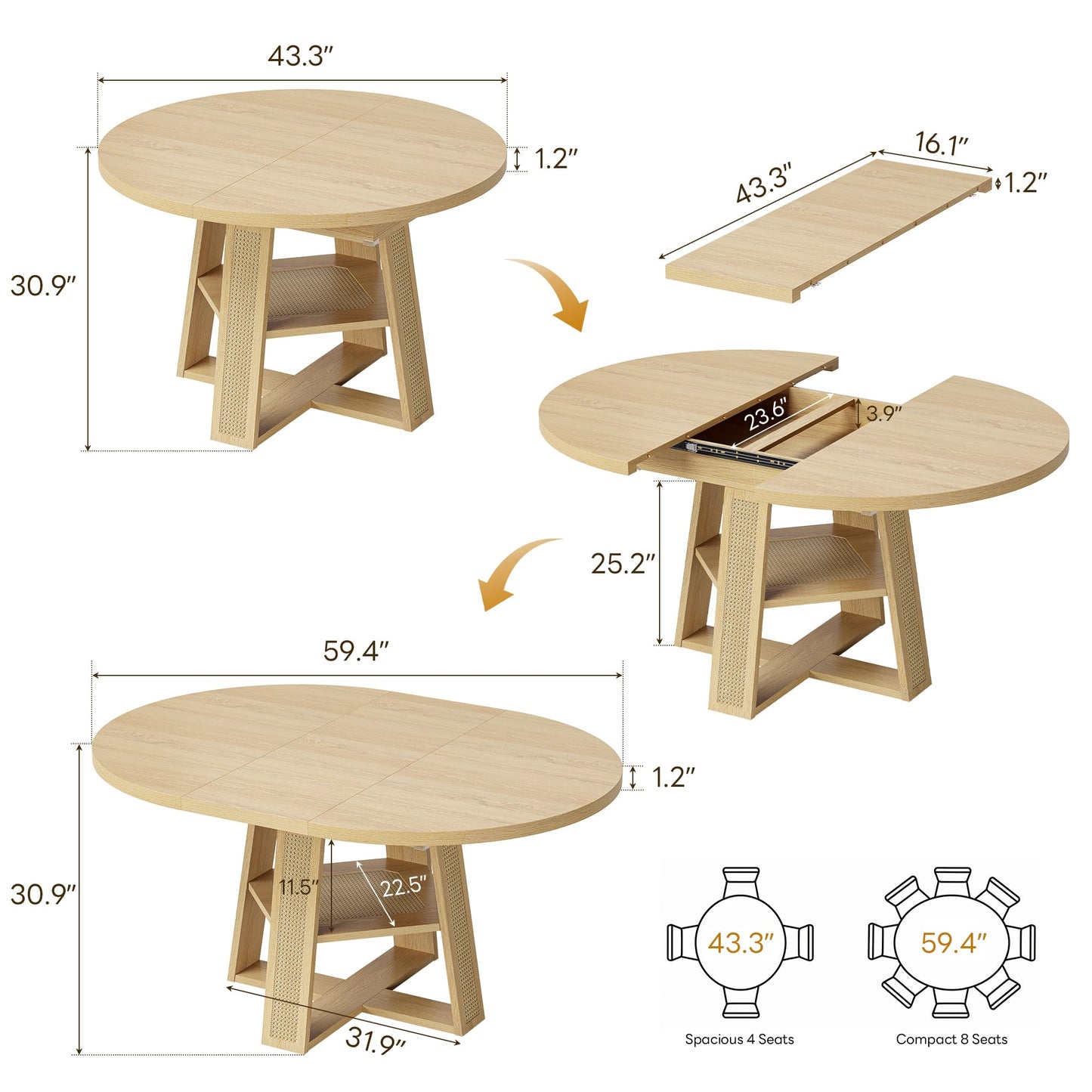 LIKIMIO 43"-59" Extendable Round Dining Table for 4-8, Transformer Oval Dining Room Table with Removable Leaves Space Saving, Wood Base Modern Kitchen Table with Storage Shelf for Living Room, Natural
