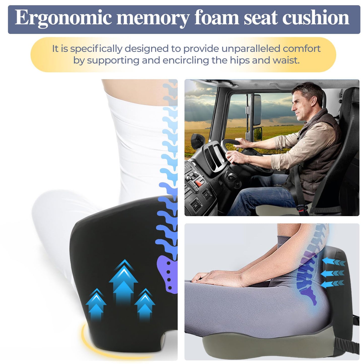 Mosxoed Memory Foam Seat Cushion for Sciatica & Back Pain Relief - Ergonomic Chair Pad with Adjustable Strap & Supportive Comfort Cover, Non-Slip for Car, Truck, Office Chair - Dark Gray&Light Gray