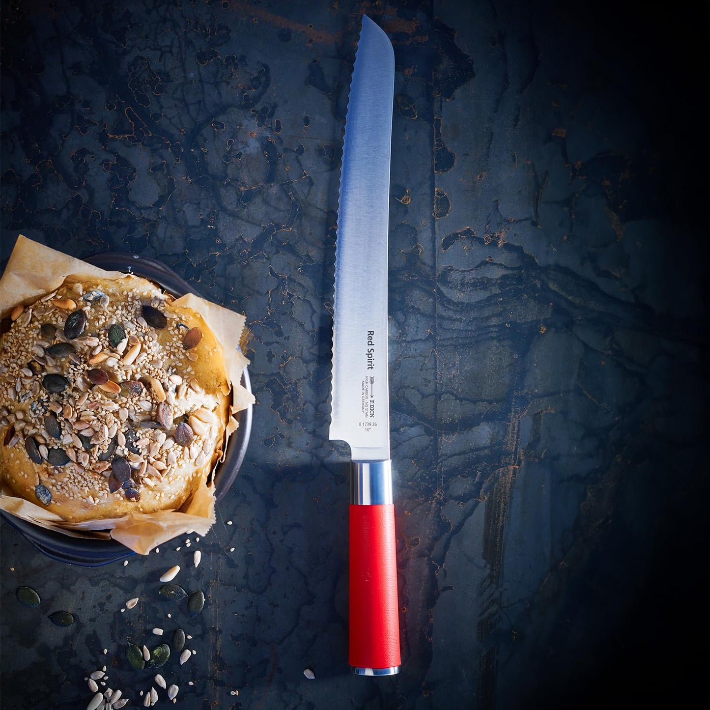 F. DICK – Red Spirit Bread Knife - Serrated Knife with 10.2" Curved Blade & 56 HRC - Ideal for Bread, Fruit & Vegetables - Stainless Steel - Ultra Sharp - Ergonomic Handle - Made in Germany