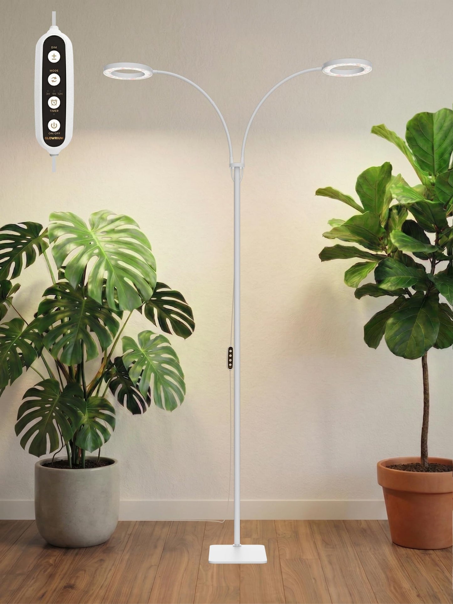 GLOWRIUM Grow Lights for Indoor Plants, 36W Full Spectrum 2-Head LED Plant Light with Stand, Adjustable Height, 3/9/12H Timer, 6 Dimmable Levels & 3 Lighting Modes (White-Double Head)
