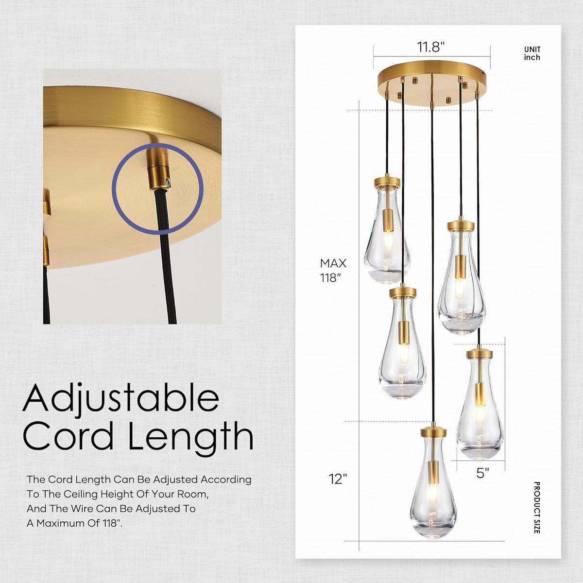 5-Light Raindrop Pendant Light Fixtures, Brass Glass Pendant Lighting, Teardrops Modern Hanging Light for Entryway Foyer Kitchen Island Dining Living Room Hallway