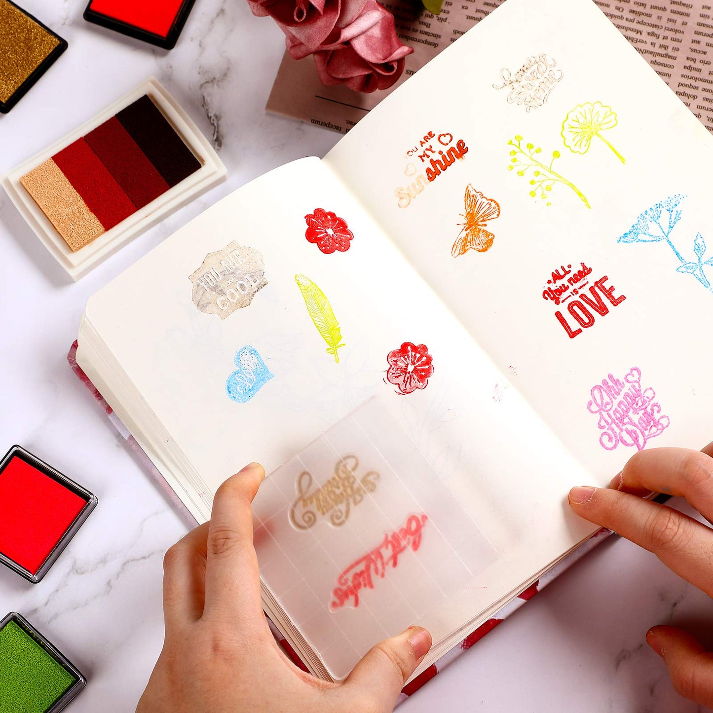 Zonon 22 Pieces Acrylic Stamp Blocks Tools Set Include 6 Clear Stamp Blocks, 4 Transparent Silicone Seals, 12 Craft Ink Pad for Scrapbooking Card Making