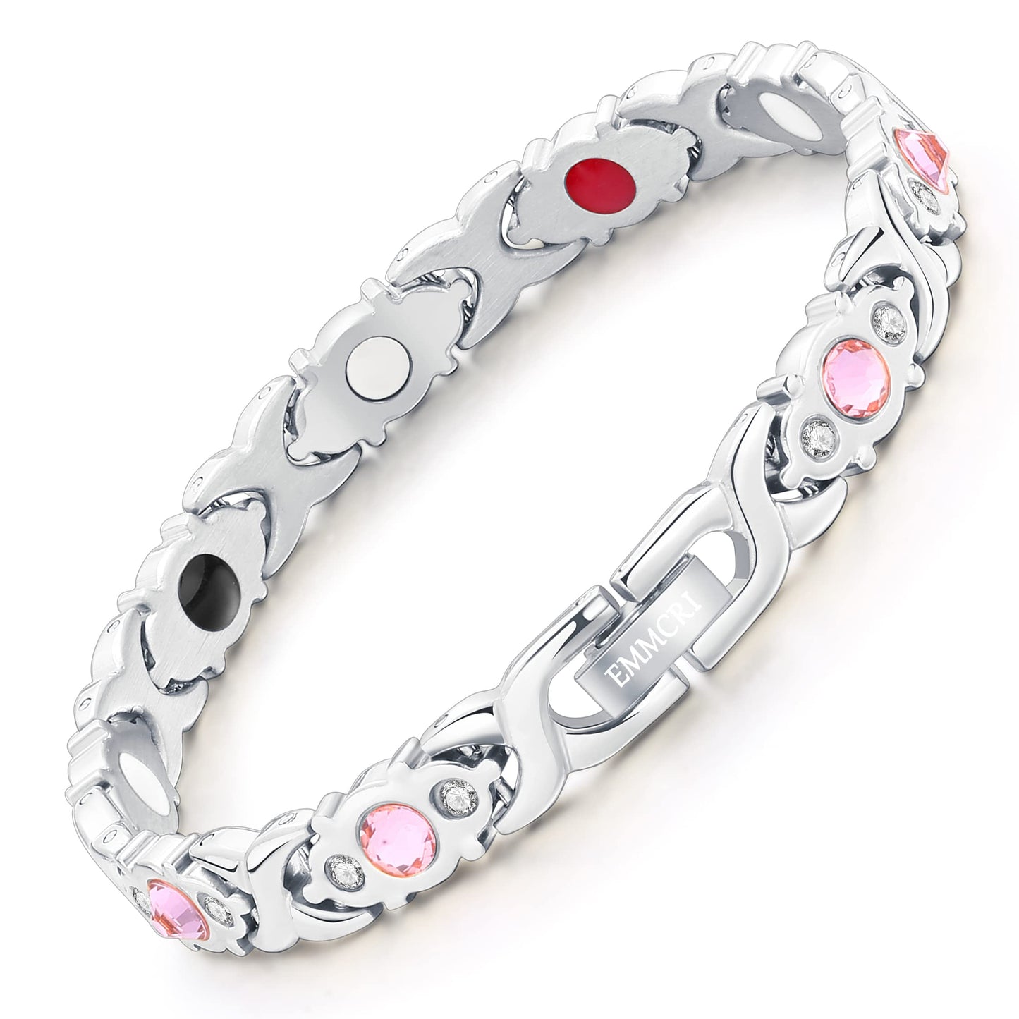 EMMORI Ultra Strength Magnetic Bracelet for Woman - 3,500 Gauss Per Magnet -Crystal Bracelet - Adjustable Length -Pulseras Magneticas (Silver)