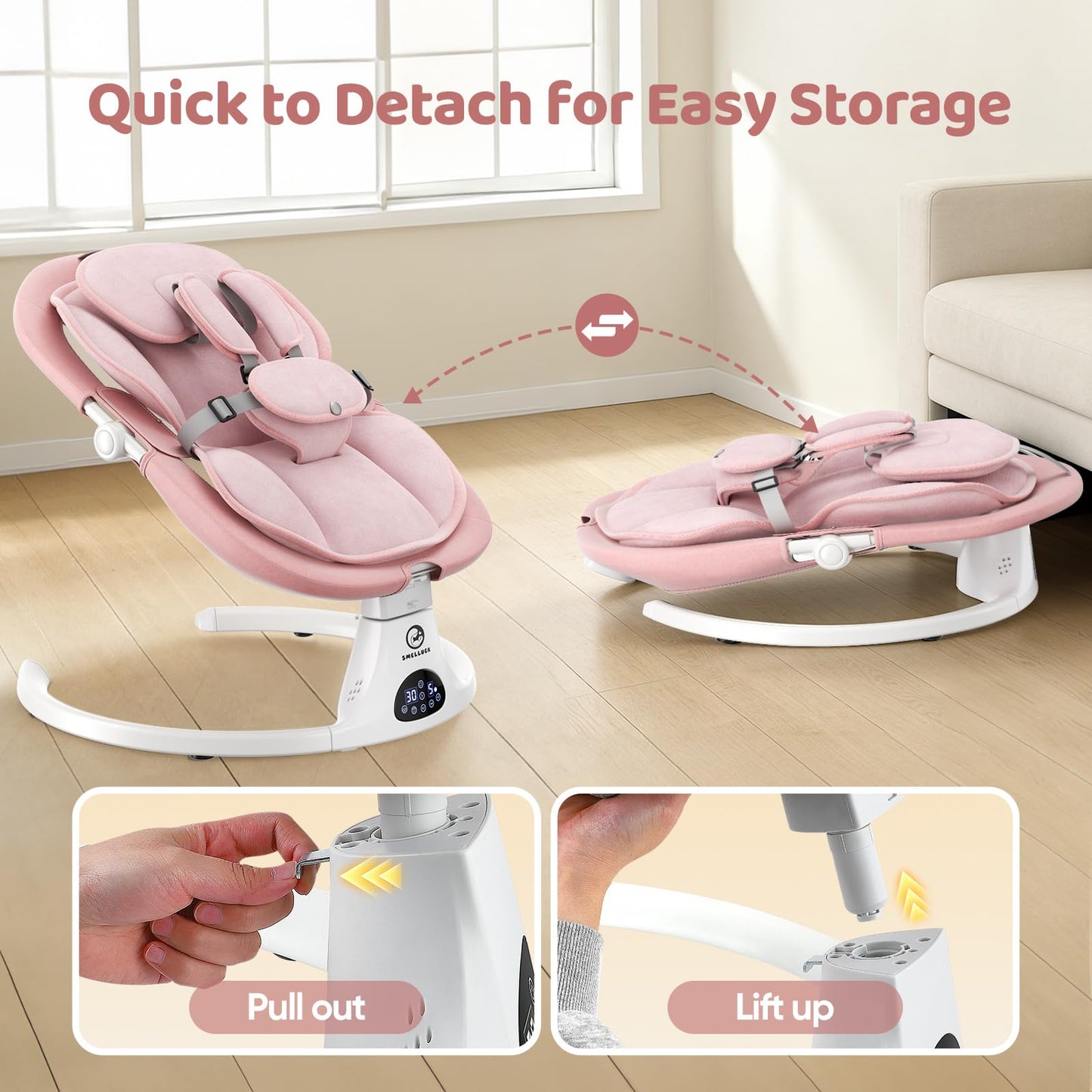 Baby Swings for Infants, Smelluck Baby Swing, Portable Electric Swing with Upgraded 3 Adjustable Backrest, 12 Preset Melodies, 5 Speeds, Remote Control and Bluetooth, Indoor and Outdoor Use