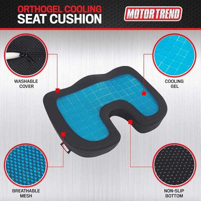 Motor Trend Cooling Car Seat Cushion with Memory Foam, Made with Orthopedic Gel for Maximum Coccyx Comfort & Back Pain Relief, Ideal Office Chair Cushion