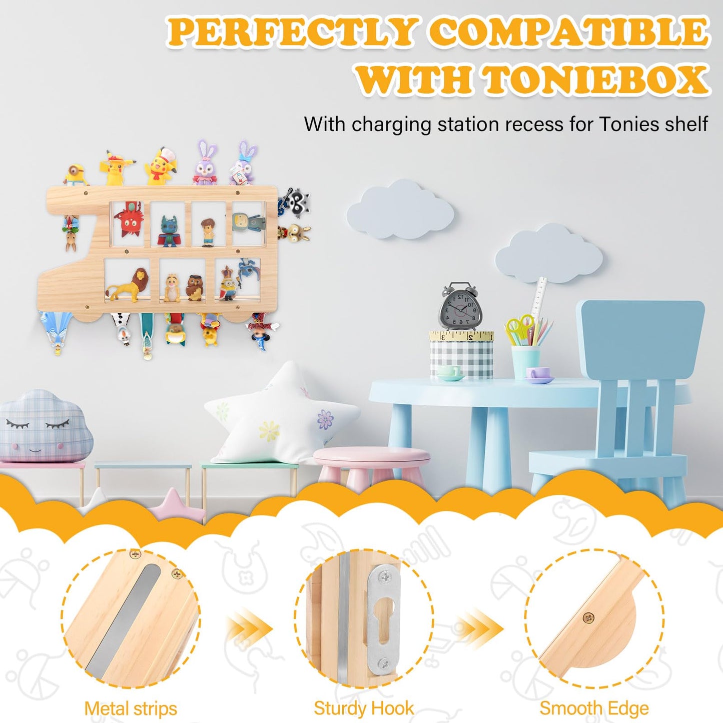 RZYLKA Car for Tonies Box Figures Characters Organizer Storage Shelf Wall Mounted, Bus Wooden Magnetic Floating Shelves for Tonies Characters, Display Collection 15~25 Characters