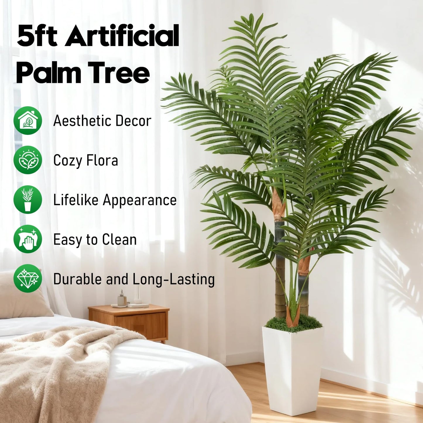 5ft Artificial Palm Tree Indoor Plant，Triple Faux Tropical Areca Floor Plant in Pot，Artificial Plants with Lifelike Leaves for Home Office Decor