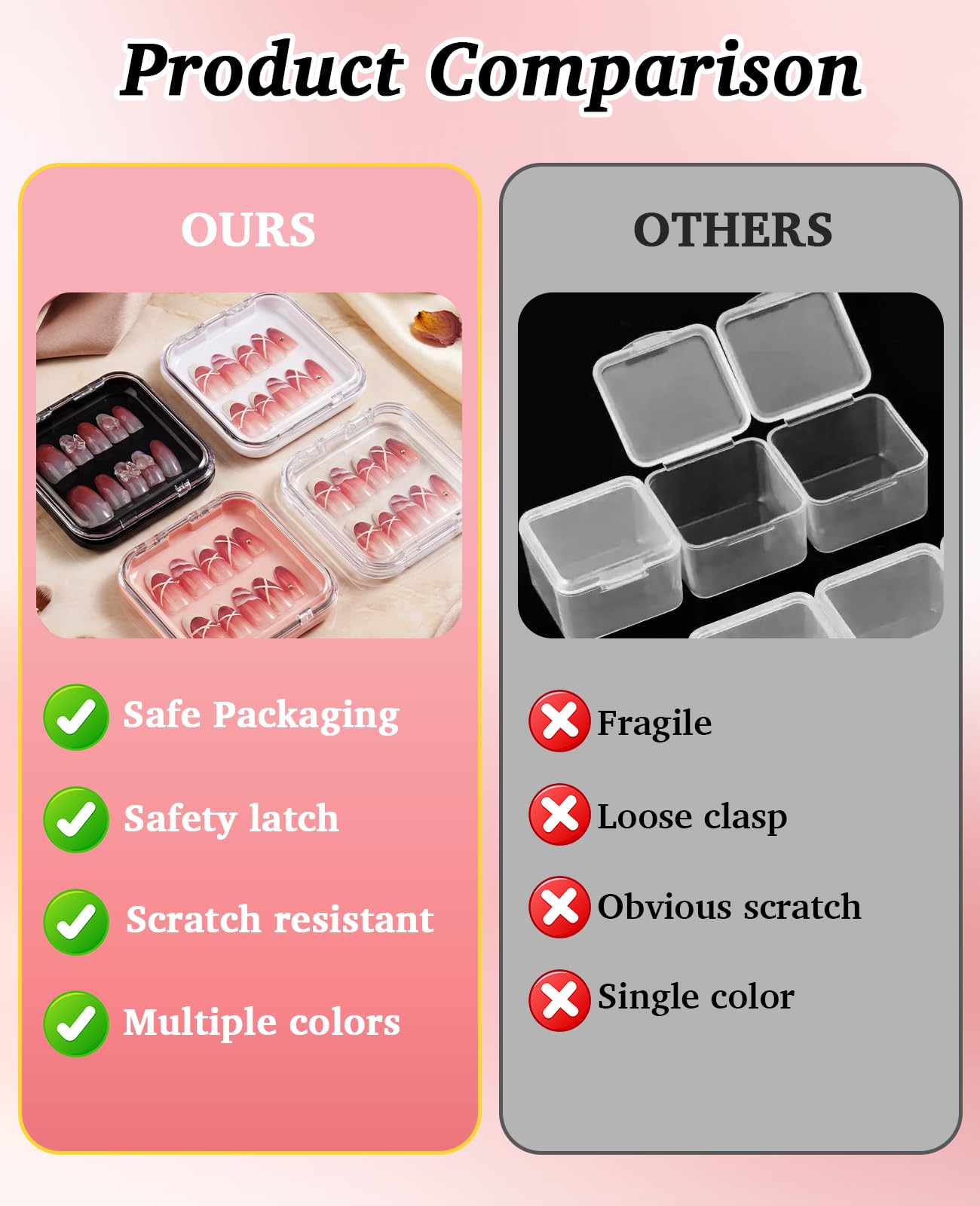 PASDUCHAS 48 Pcs Nail Boxes for Press Ons, Fake Nail Storage Case Packaging Container with 120 Adhesive Double Sided Tape