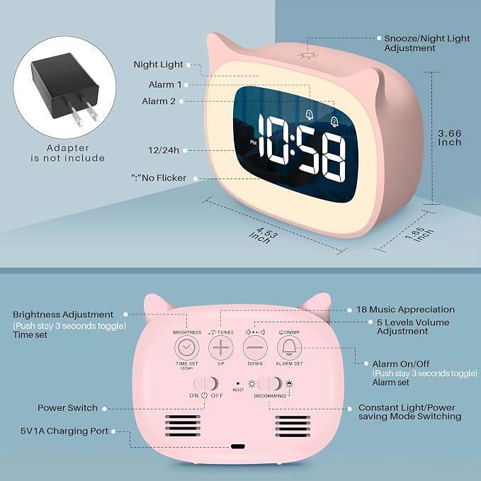 Cute Cat Ear Alarm Clock with Night Light for Bedroom,Pink
