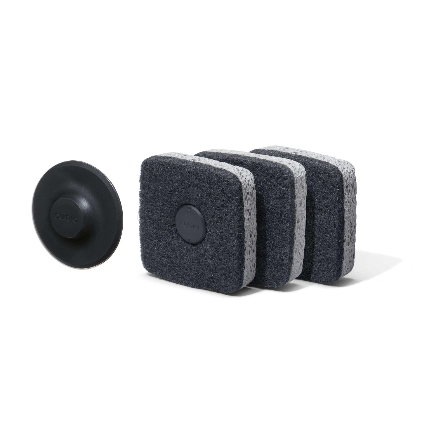 Curio Home Goods Ionic Non-Scratch Kitchen Sponge with Magnetized Holder, Dual Sided Cellulose and Scrub Pad, 3 Pack, Black/Grey