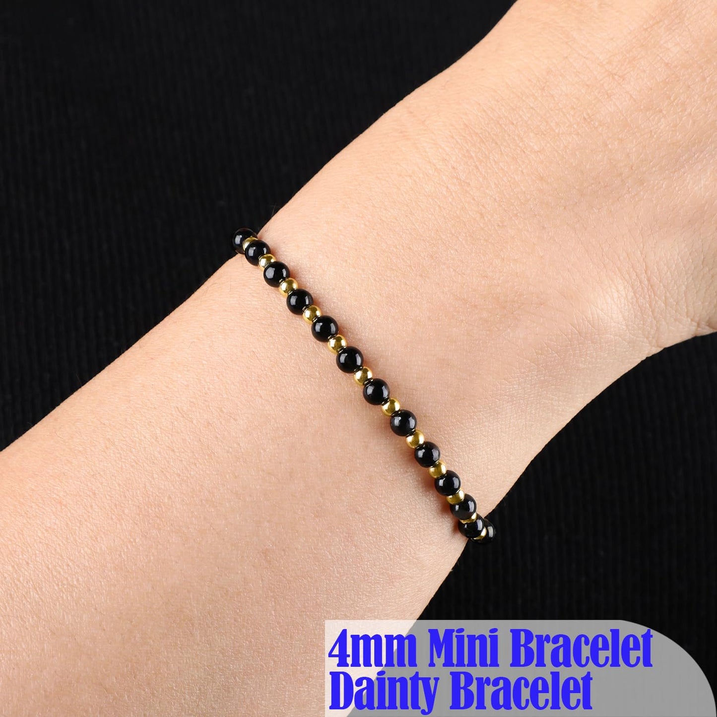 QOGIR Black Onyx - Protecting and Grounding - 14K Gold Plated Beads Natural Gemstone Stretch Elastic Dainty Healing Beaded Bracelets Gifts 4mm